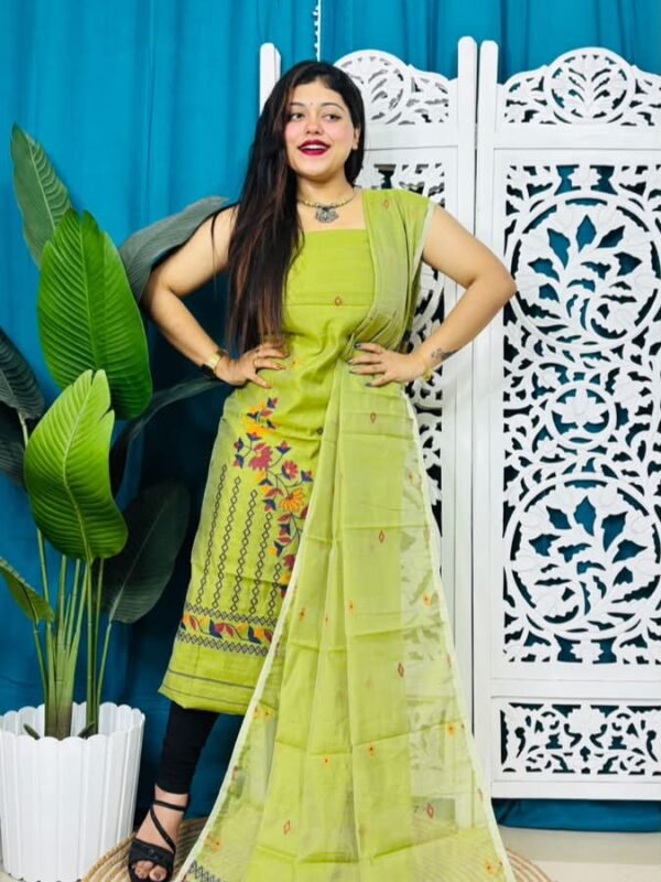 2 Piece Unstitched Soft Jamdani Churidar Set - Light Olive Green