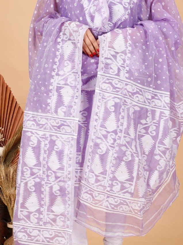 2 Piece Unstitched Soft Jamdani Churidar Set - Light Pastel Purple - Image 2