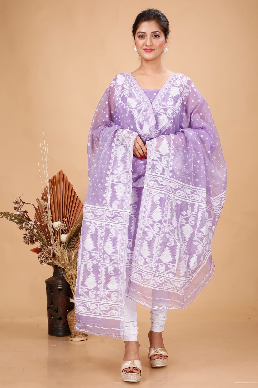 2 Piece Unstitched Soft Jamdani Churidar Set - Light Pastel Purple
