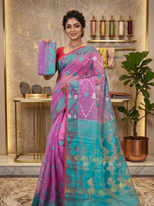 Buti Jal Soft Dhakai Jamdani Sari with Blouse Piece - Light Plum