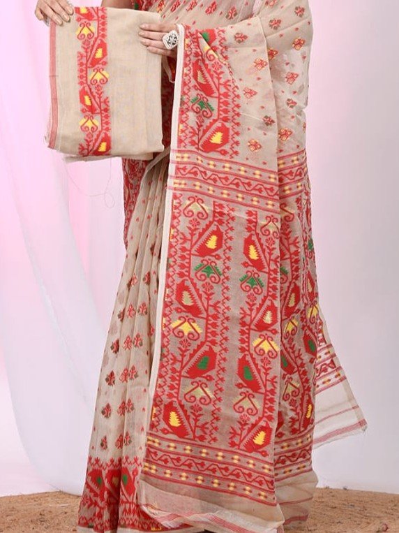 Ikkat Soft Dhakai Jamdani Sari with Blouse Piece - Mushroom