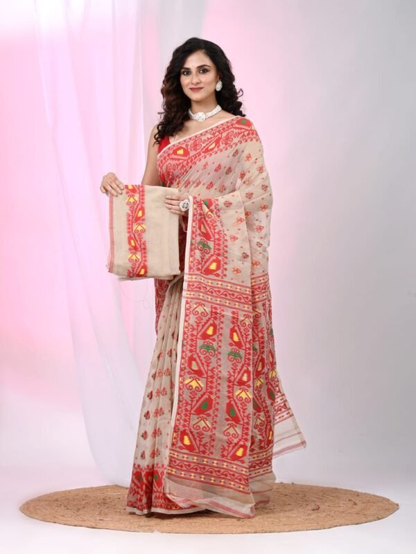 Ikkat Soft Dhakai Jamdani Sari with Blouse Piece - Mushroom