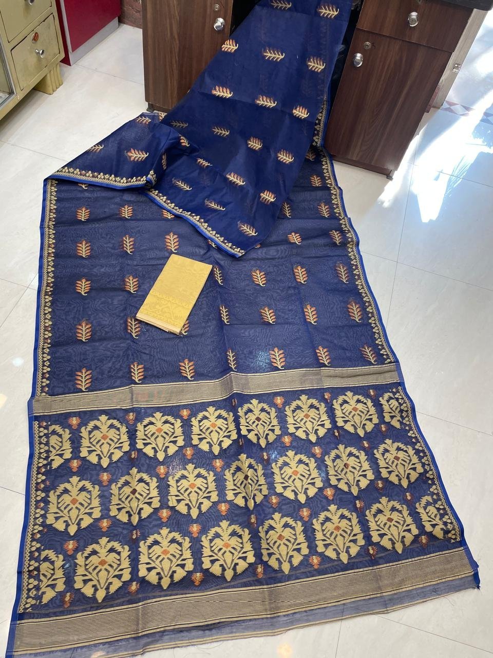 Soft Dhakai Jamdani Saree with Blouse Piece - Navy Blue
