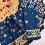 Barfi Buti Soft Dhakai Jamdani Sari with Blouse Piece - Dark Denim Blue