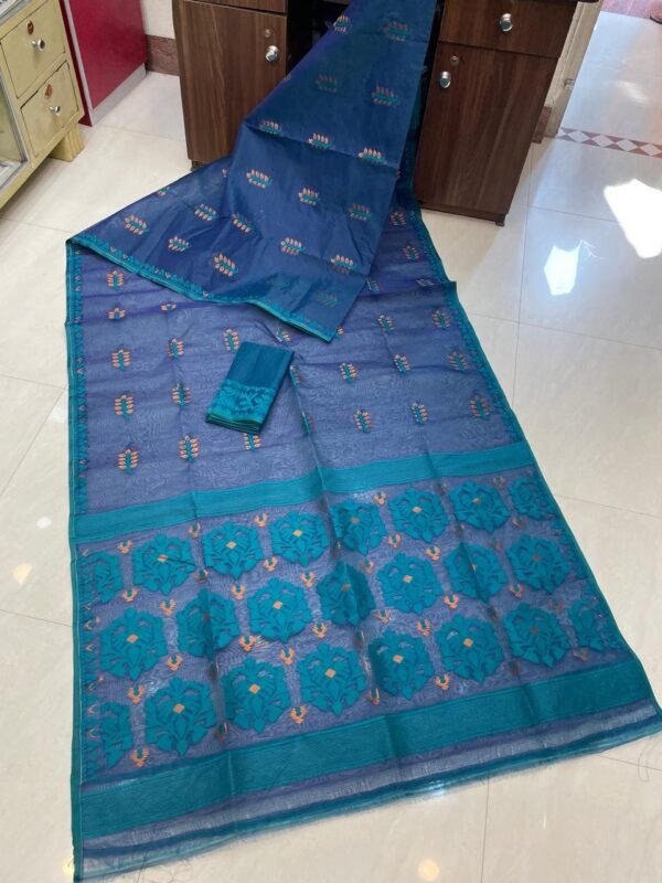 Soft Dhakai Jamdani Saree with Blouse Piece - Nile Blue