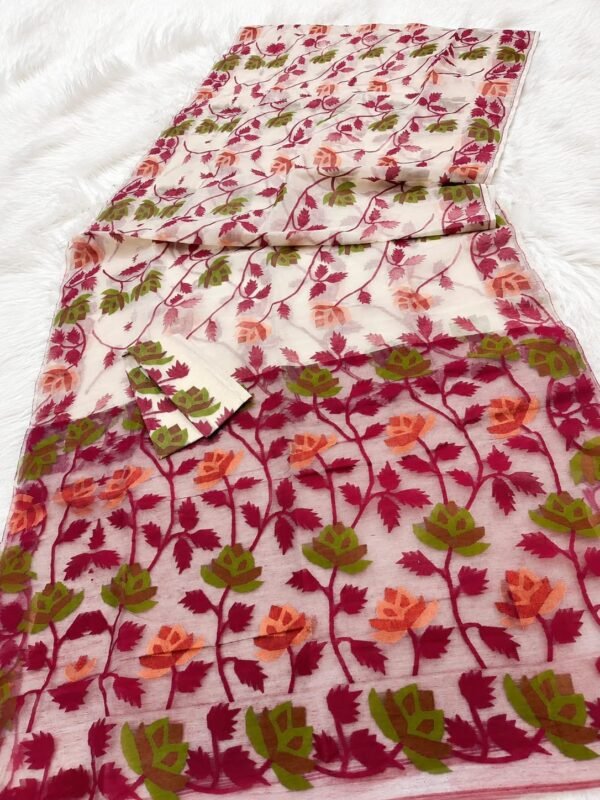 Water Lily Soft Dhakai Jamdani Saree with Blouse Piece - Off White