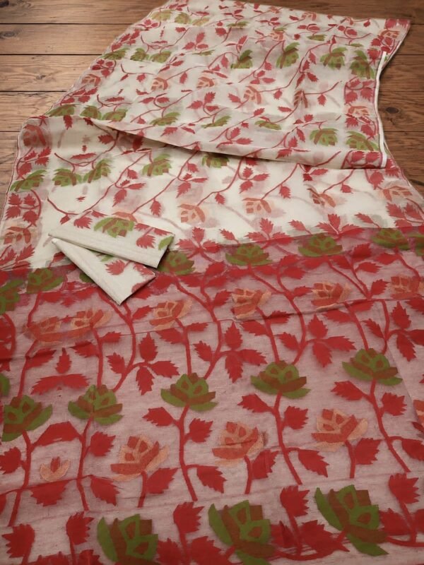 Water Lily Soft Dhakai Jamdani Saree with Blouse Piece - Off White
