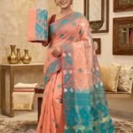 Buti Jal Soft Dhakai Jamdani Sari with Blouse Piece - Orange Salmon