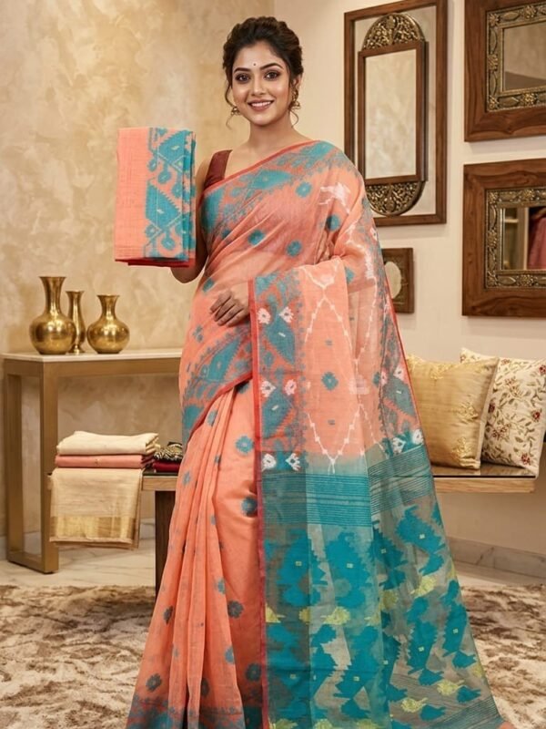 Buti Jal Soft Dhakai Jamdani Sari with Blouse Piece - Orange Salmon