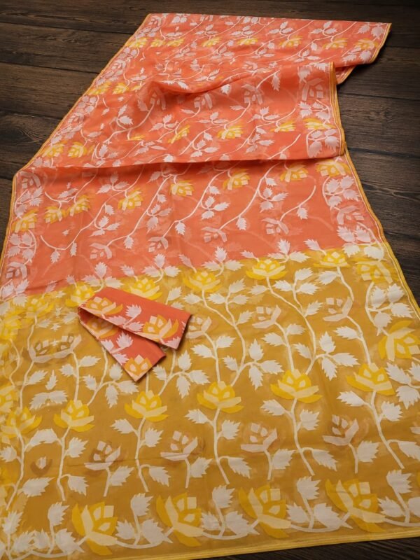 Water Lily Soft Dhakai Jamdani Saree with Blouse Piece - Orange Salmon