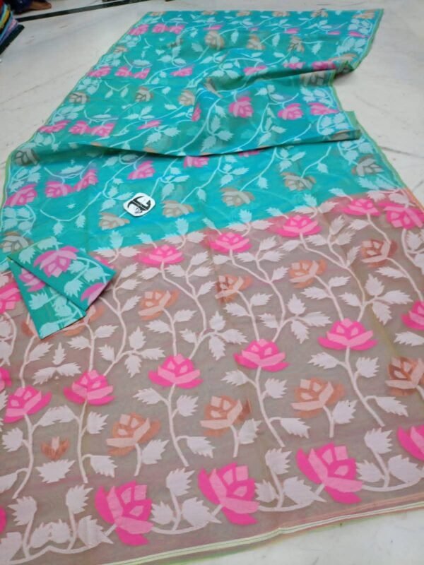 Water Lily Soft Dhakai Jamdani Saree with Blouse Piece - Pacific Blue