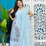 2 Piece Unstitched Soft Jamdani Churidar Set - Pale Aqua