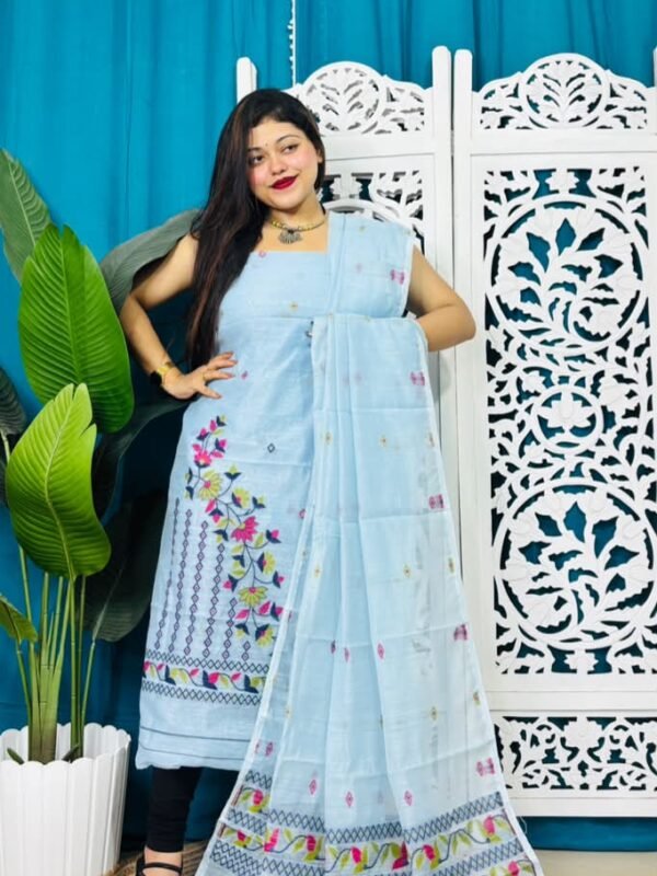 2 Piece Unstitched Soft Jamdani Churidar Set - Pale Aqua