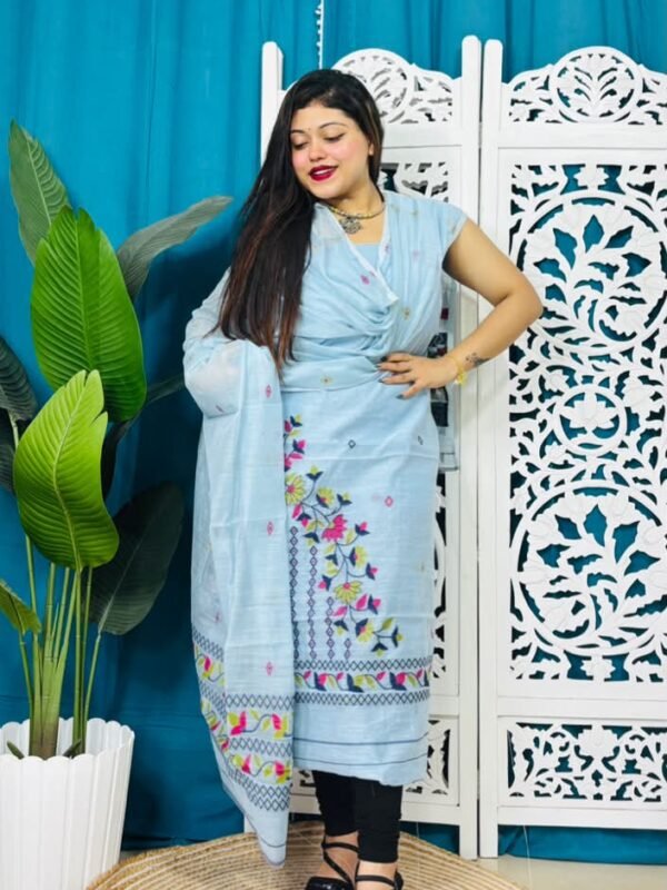 2 Piece Unstitched Soft Jamdani Churidar Set - Pale Aqua
