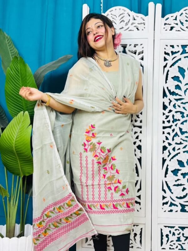 2 Piece Unstitched Soft Jamdani Churidar Set - Pastel Grey