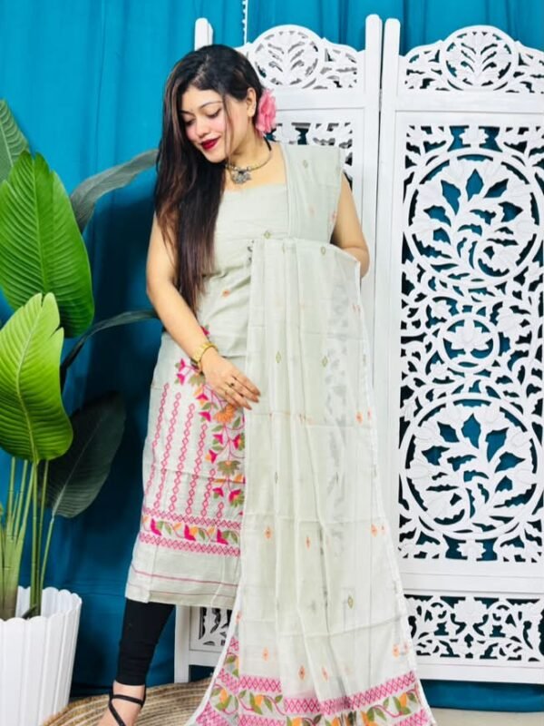 2 Piece Unstitched Soft Jamdani Churidar Set - Pastel Grey