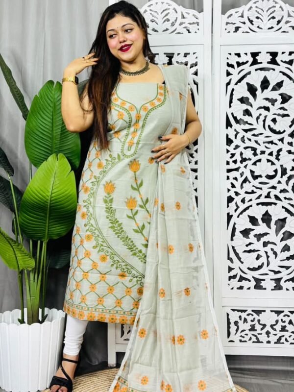 Unstitched Soft Jamdani Churidar Piece - Pastel Grey