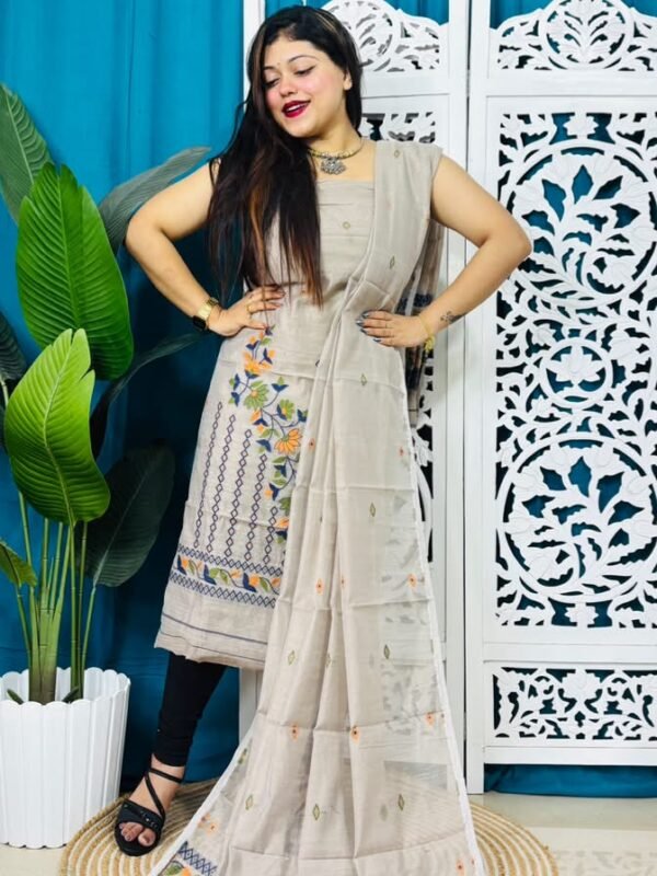 2 Piece Unstitched Soft Jamdani Churidar Set - Pastel Grey