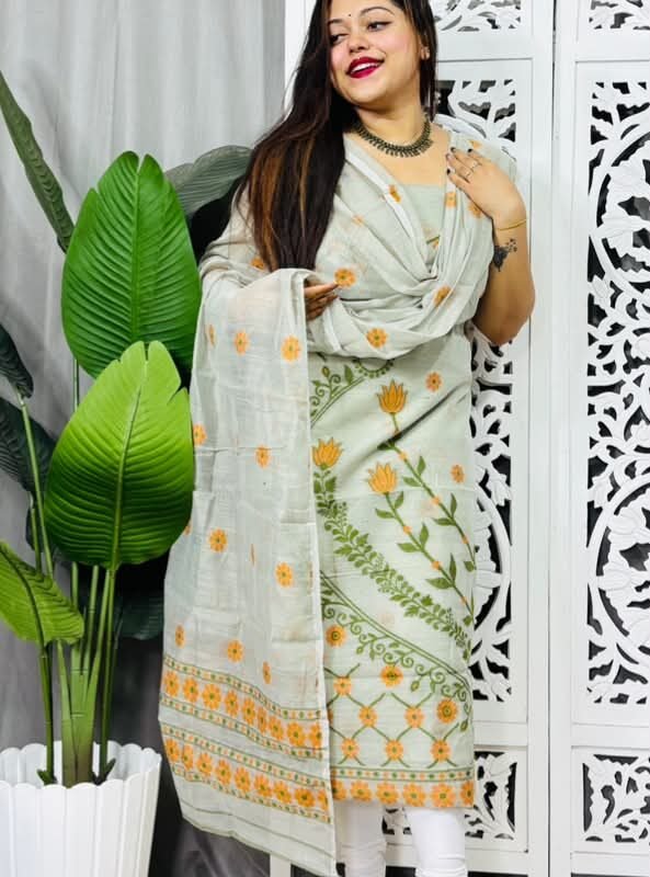 Unstitched Soft Jamdani Churidar Piece - Pastel Grey