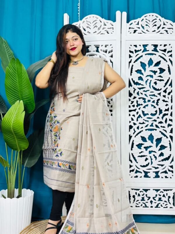 2 Piece Unstitched Soft Jamdani Churidar Set - Pastel Grey