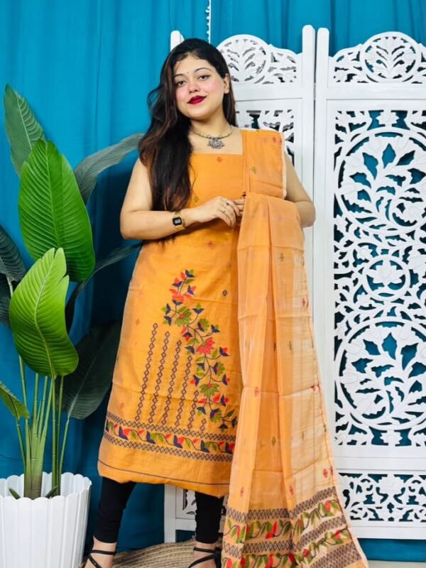 2 Piece Unstitched Soft Jamdani Churidar Set - Pastel Orange