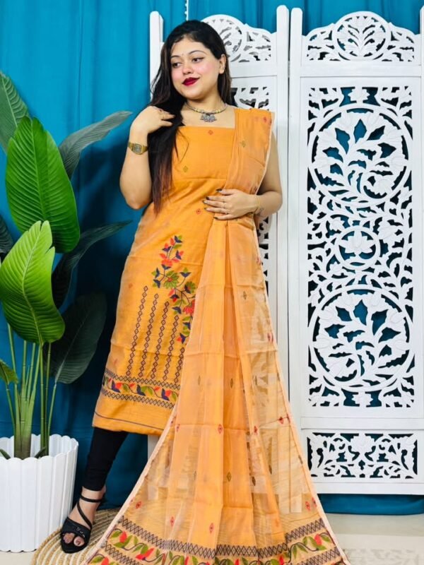 2 Piece Unstitched Soft Jamdani Churidar Set - Pastel Orange