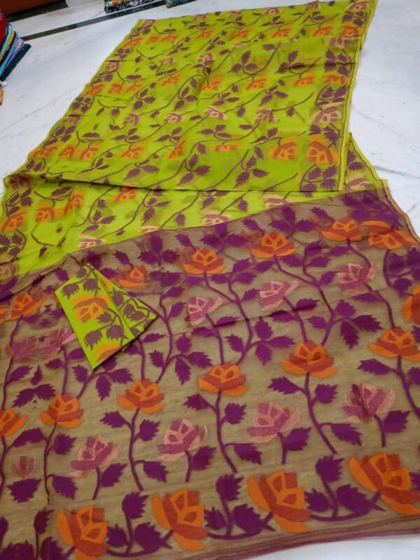 Water Lily Soft Dhakai Jamdani Saree with Blouse Piece - Pea Green