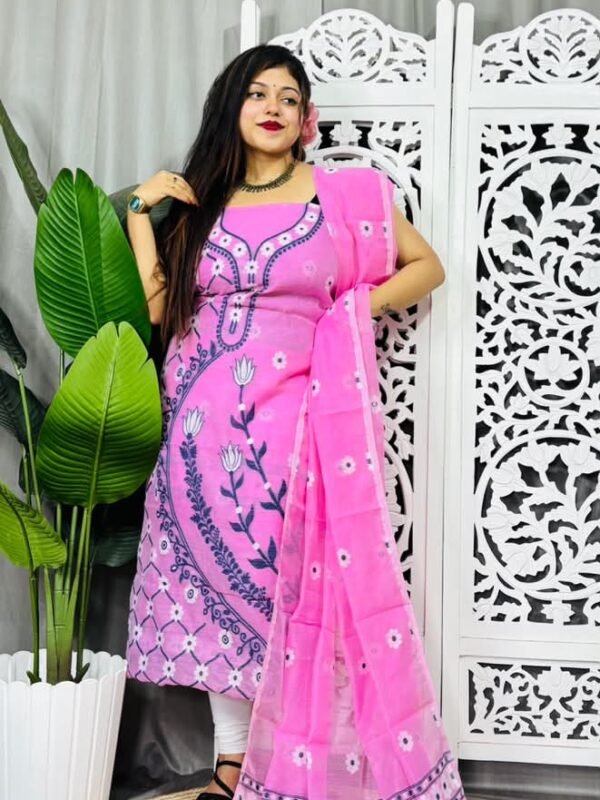 Unstitched Soft Jamdani Churidar Piece - Persian Pink