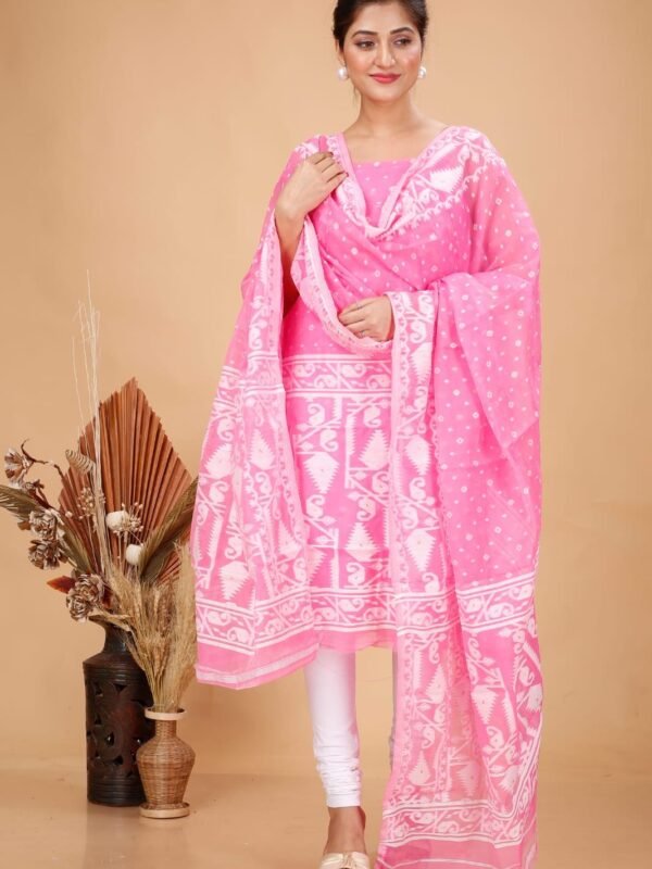 2 Piece Unstitched Soft Jamdani Churidar Set - Persian Pink