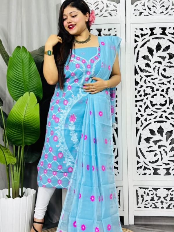 Unstitched Soft Jamdani Churidar Piece - Picton Blue