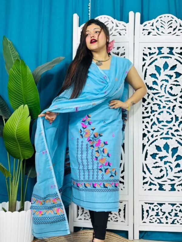 2 Piece Unstitched Soft Jamdani Churidar Set - Picton Blue