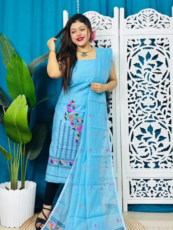 2 Piece Unstitched Soft Jamdani Churidar Set - Picton Blue