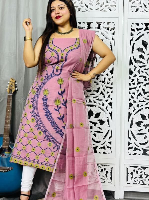 Unstitched Soft Jamdani Churidar Piece - Pink Daisy
