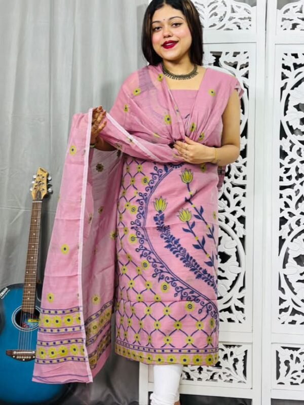 Unstitched Soft Jamdani Churidar Piece - Pink Daisy