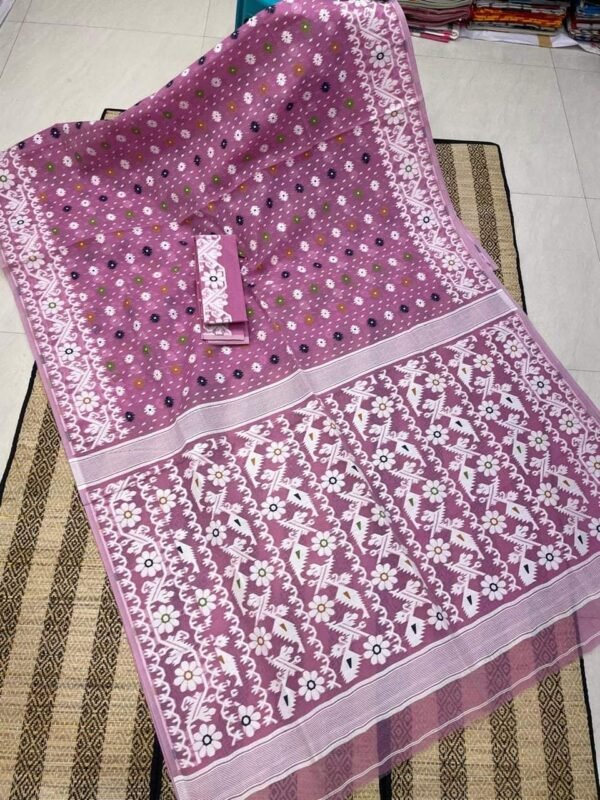 Shiuli Korat Soft Dhakai Jamdani Saree with Blouse Piece - Purplish Pink