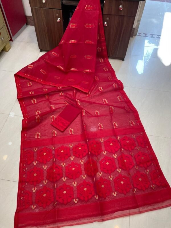 Soft Dhakai Jamdani Saree with Blouse Piece - Red