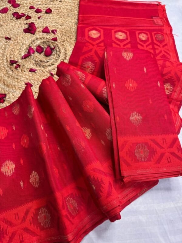 Barfi Buti Soft Dhakai Jamdani Sari with Blouse Piece - Red