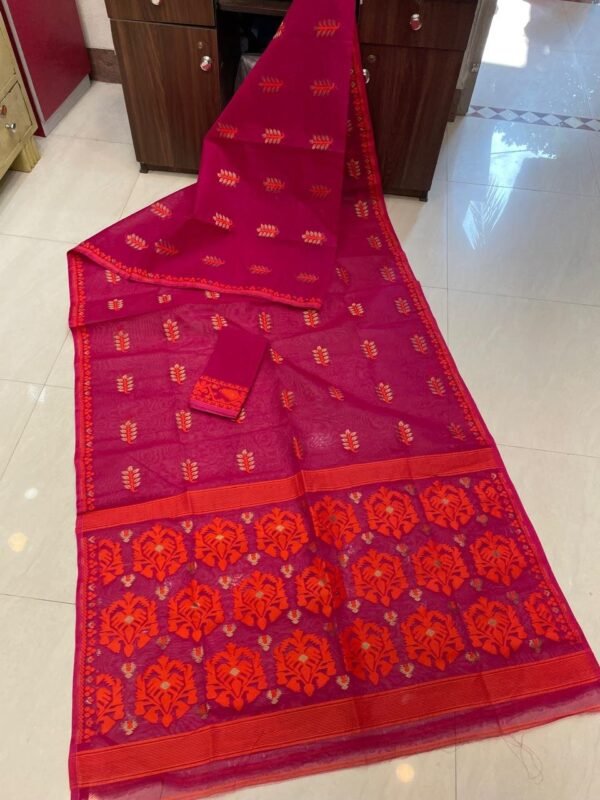 Soft Dhakai Jamdani Saree with Blouse Piece - Red Pink