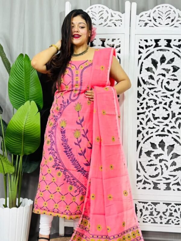 Unstitched Soft Jamdani Churidar Piece - Rose Pink