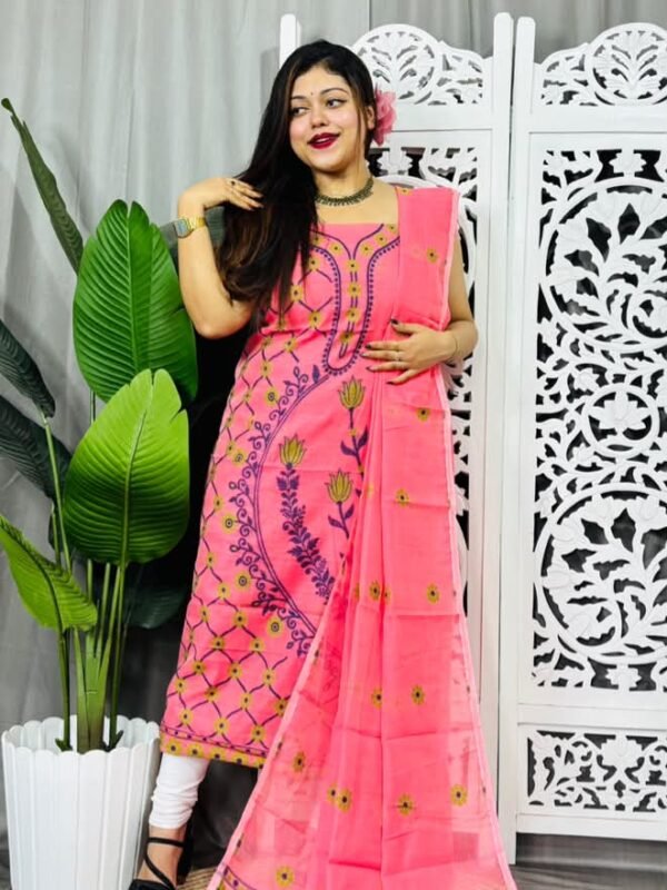 Unstitched Soft Jamdani Churidar Piece - Rose Pink