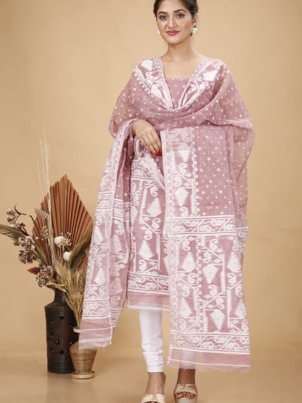 2 Piece Unstitched Soft Jamdani Churidar Set - Rosy Brown