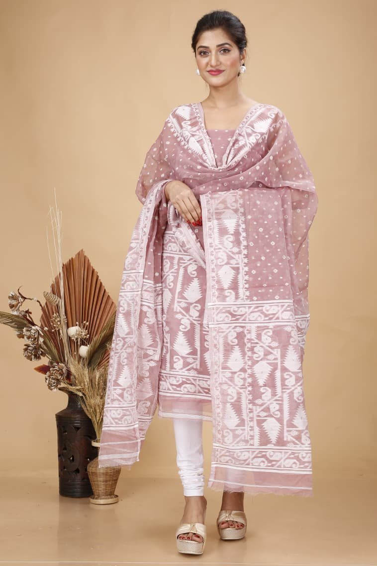 2 Piece Unstitched Soft Jamdani Churidar Set - Rosy Brown