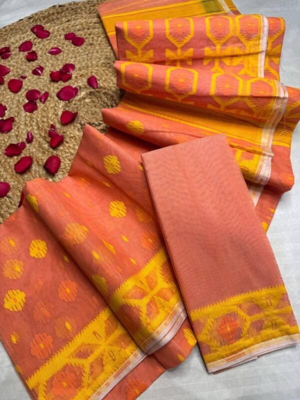 Barfi Buti Soft Dhakai Jamdani Sari with Blouse Piece - Salmon