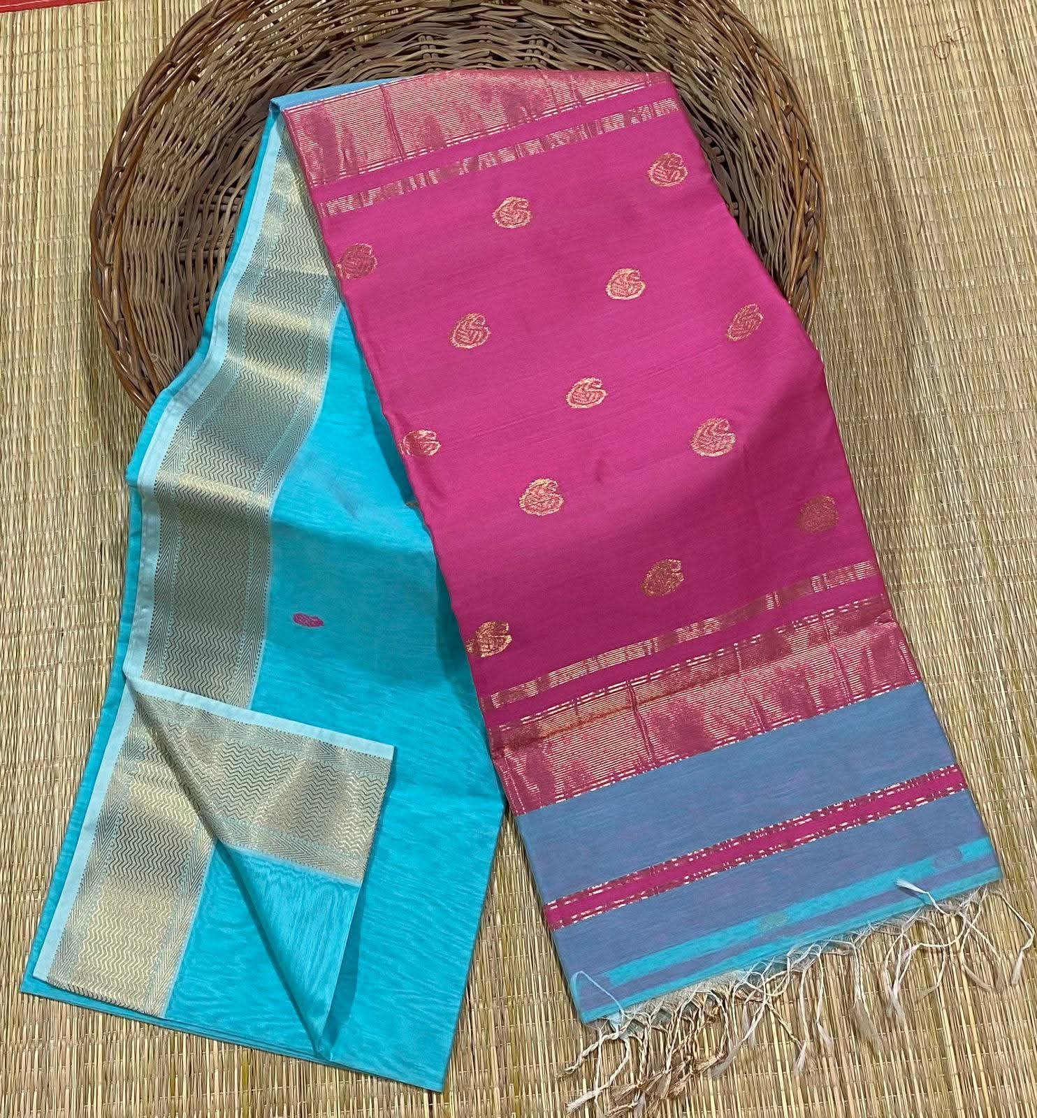 Maheshwari Design Handloom Jamdani Sari with Blouse Piece - Sky Blue