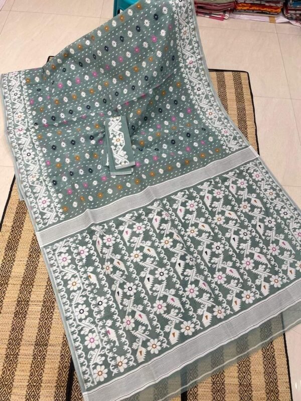 Shiuli Korat Soft Dhakai Jamdani Saree with Blouse Piece - Steel Grey