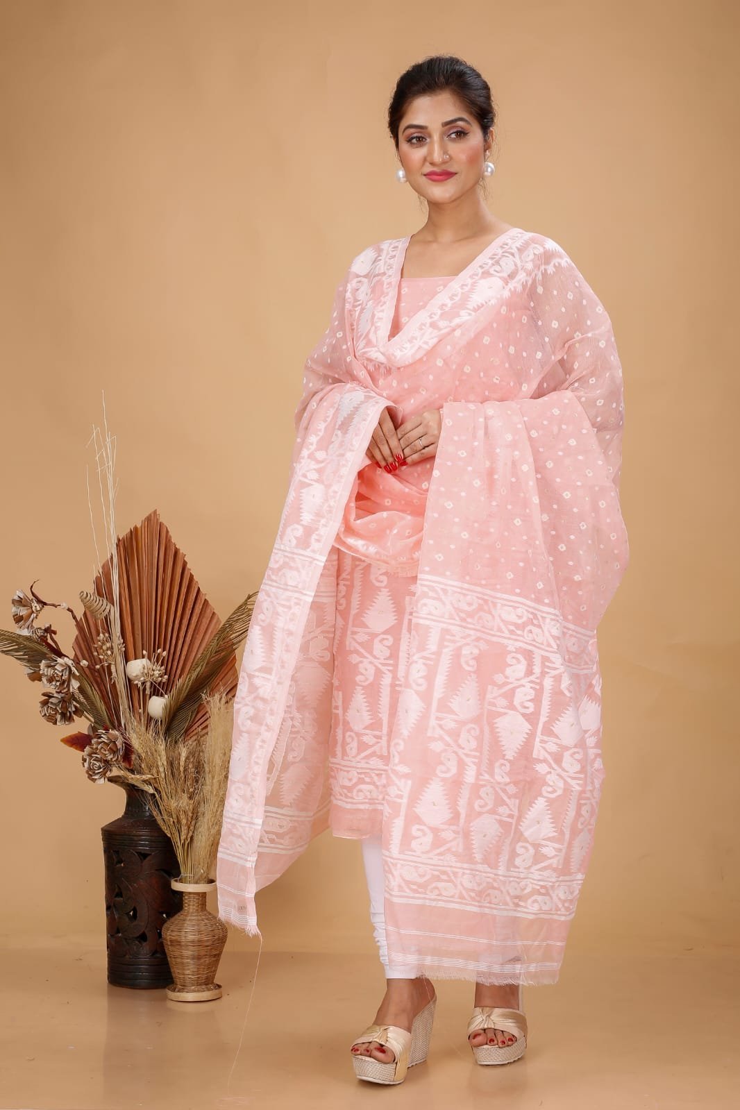 2 Piece Unstitched Soft Jamdani Churidar Set - Sweet Pink
