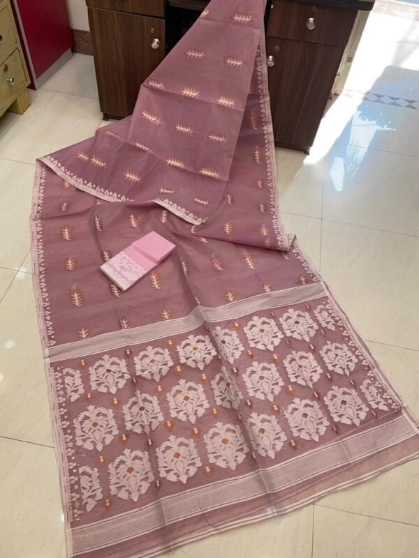 Soft Dhakai Jamdani Saree with Blouse Piece - Turkish Rose