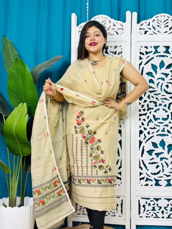 2 Piece Unstitched Soft Jamdani Churidar Set - Vanila