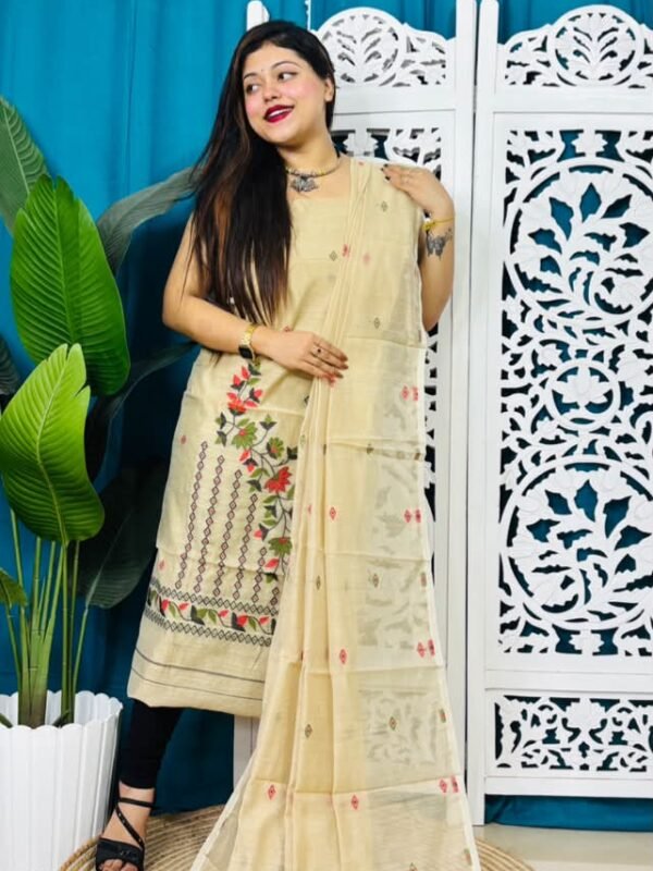 2 Piece Unstitched Soft Jamdani Churidar Set - Vanila