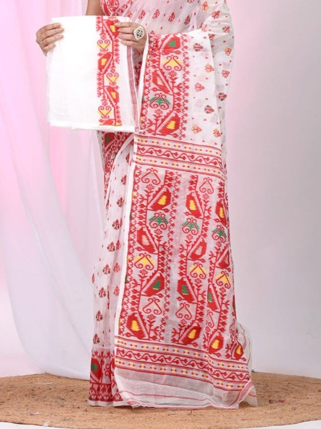 Ikkat Soft Dhakai Jamdani Sari with Blouse Piece - White